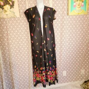 vintage unbranded black floral sheer open front sleeveless kimono size large